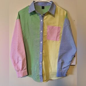 NWOT Women’s SHEIN Long Sleeve Button Up Collared Colorblock Pinstriped Shirt XS
